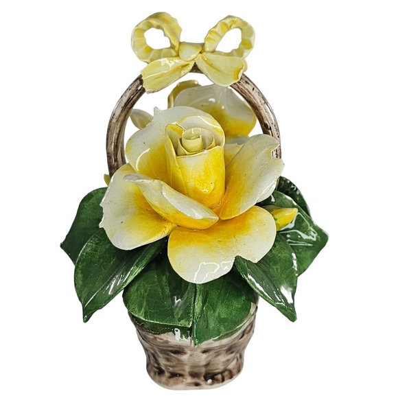 Vintage Nuova Capodimonte Yellow Porcelain Rose Flower Basket Italy *Chipped - Picture 7 of 12